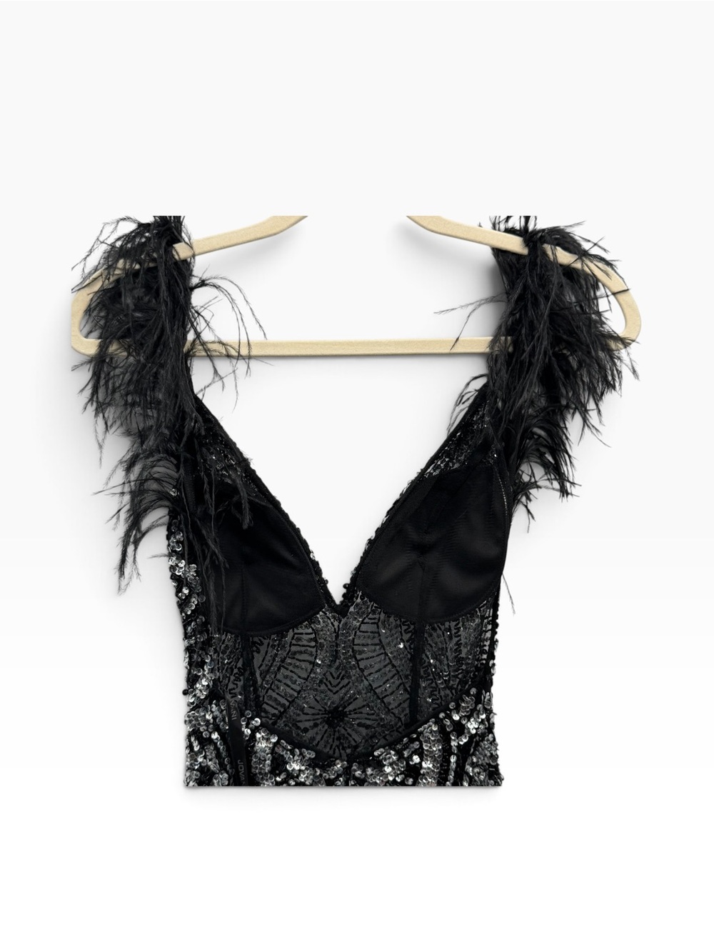 Jovani Sequin Beaded Mini Dress with Black Feather Straps - Picture 3 of 13